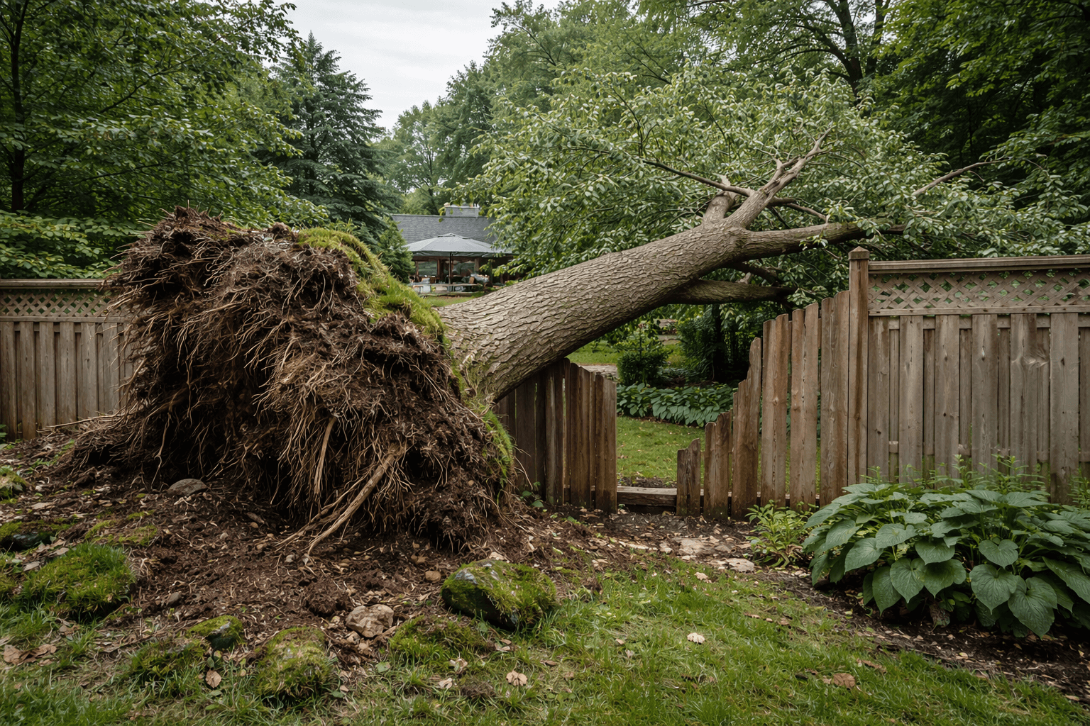 Large storm-downed tree lying across a backyard fence in Whitby Ontario after a summer derecho