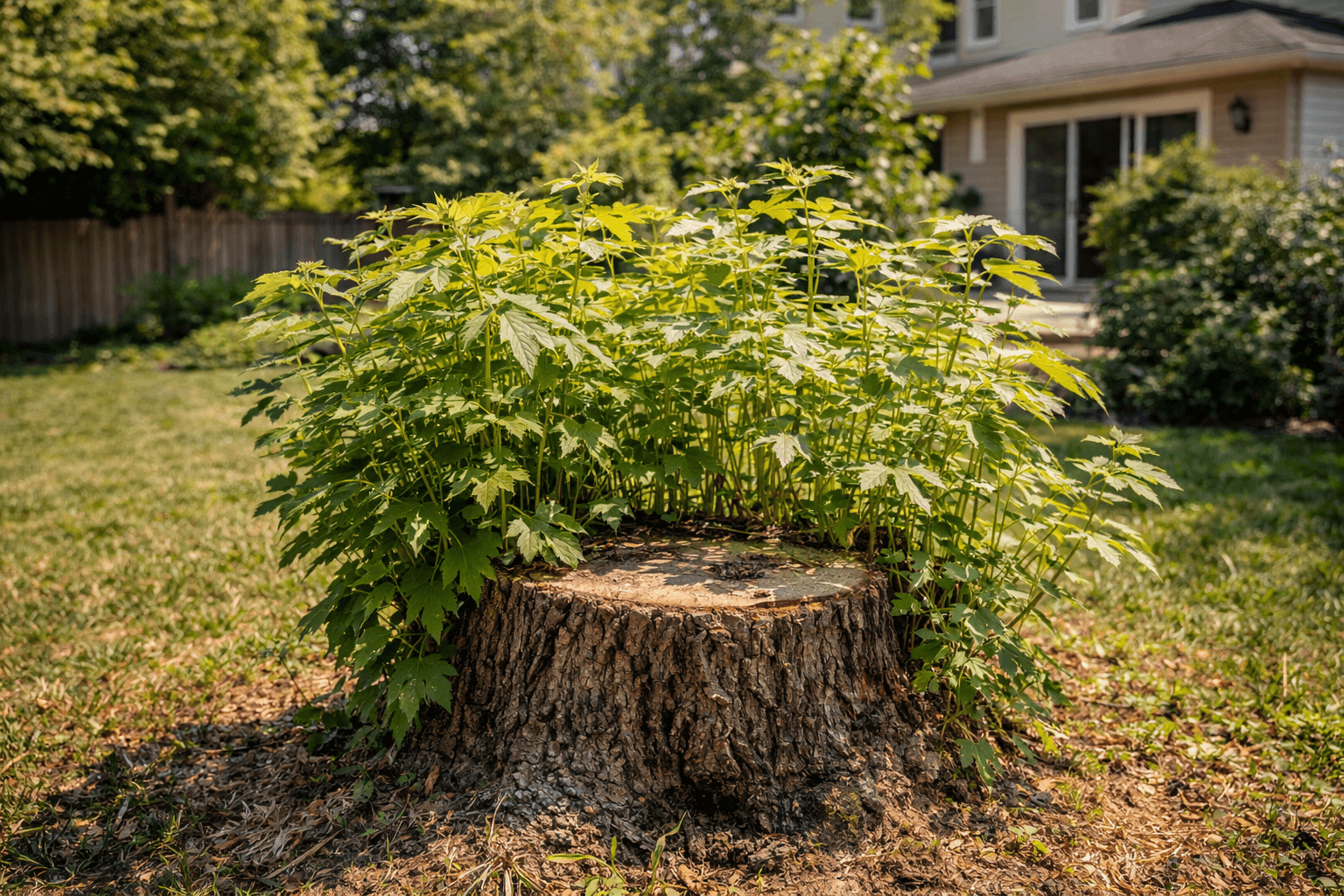 Dense root sprouts emerging from an unground silver maple stump in a Whitby Ontario lawn
