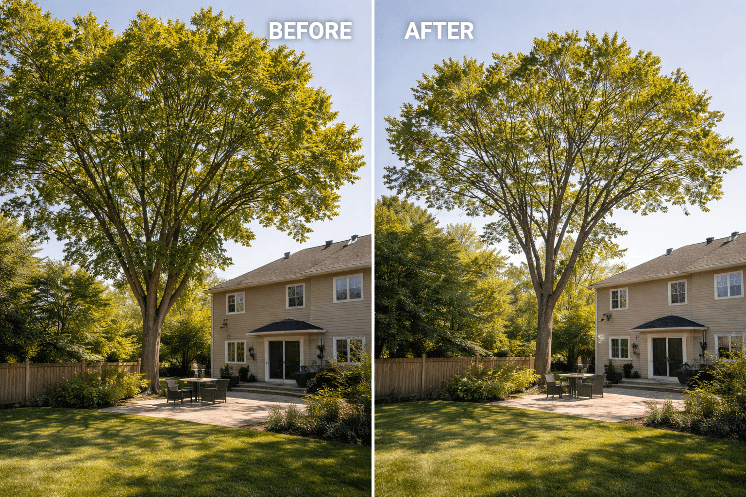 Before and after of a properly reduced tree crown in a Whitby Ontario backyard