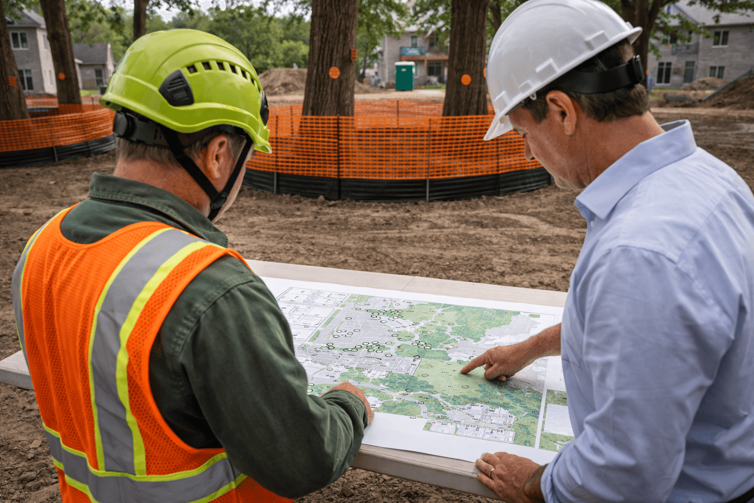 Arborist reviewing a tree inventory and heritage map for a Whitby Ontario development application