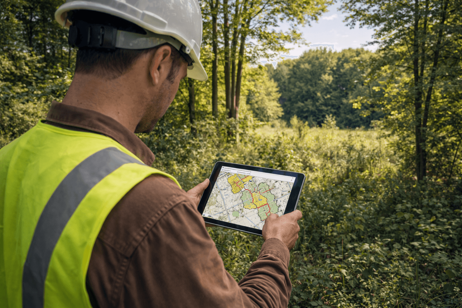 Arborist reviewing woodland designation maps on a tablet at a Whitby Ontario tree removal site