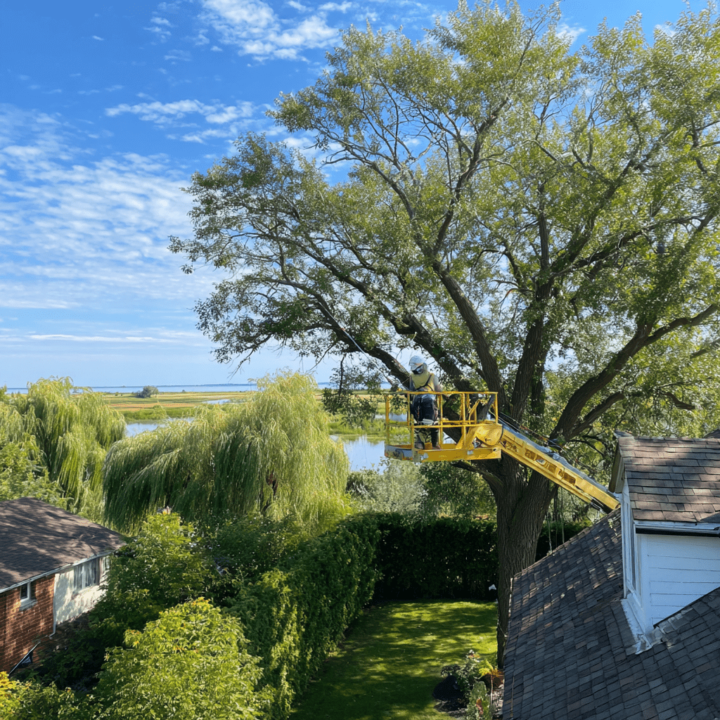 Independent tree care professional working near a mature oak in the Lynde Shores area of Whitby