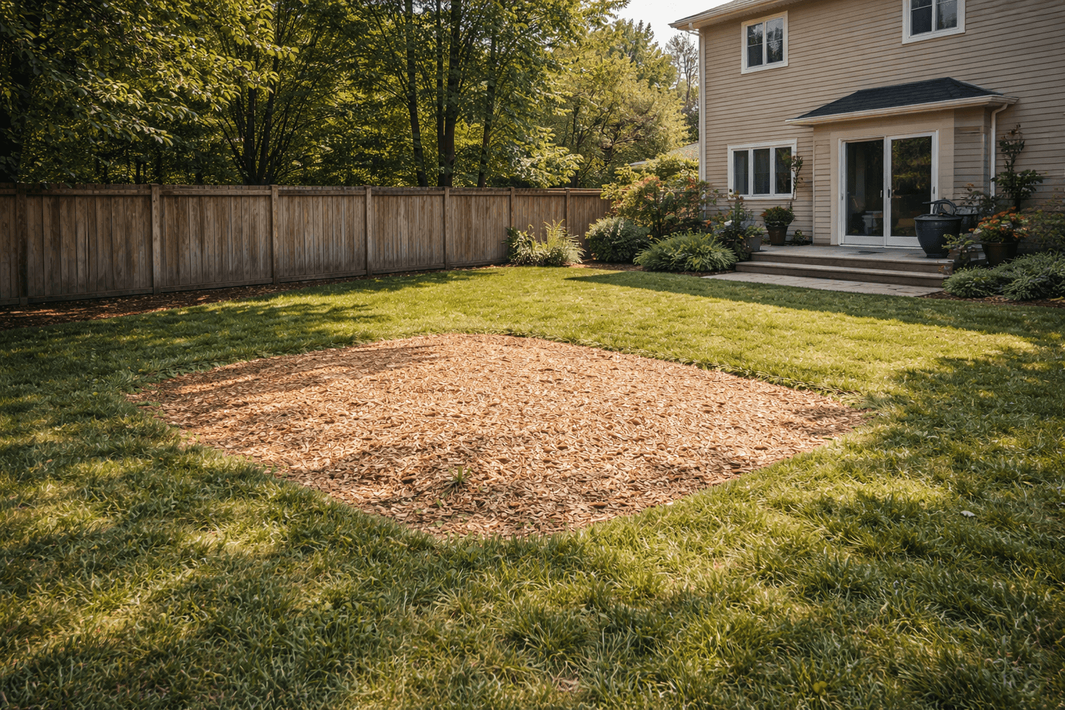Clean residential yard in Whitby Ontario after full tree removal with stump ground flush to grade
