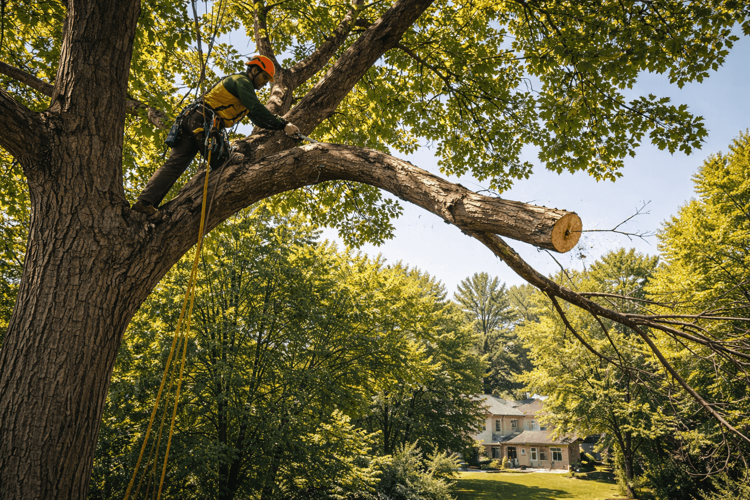 Deadwood branch removal underway on a mature oak in Williamsburg Whitby Ontario