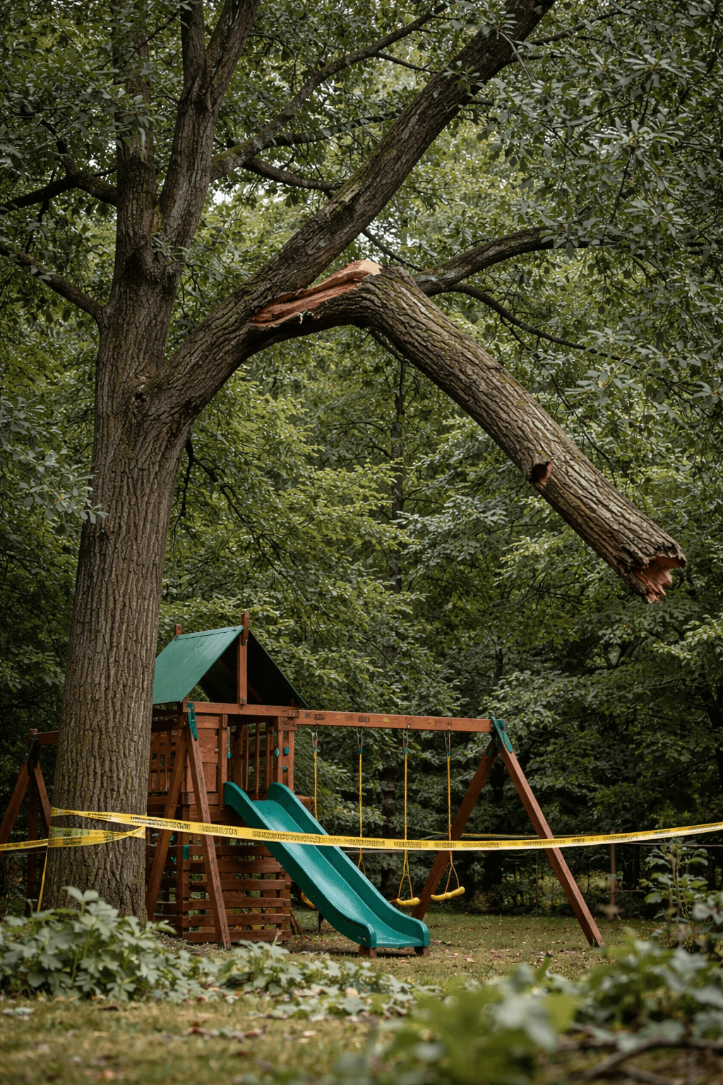 Large broken branch hanging dangerously in a Mississauga tree canopy