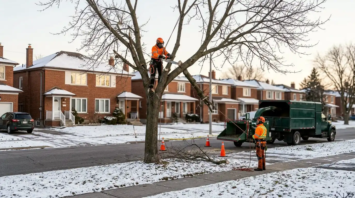Tree service crew removing a large deciduous tree during the dormant winter season at an Ontario residential property on frozen ground