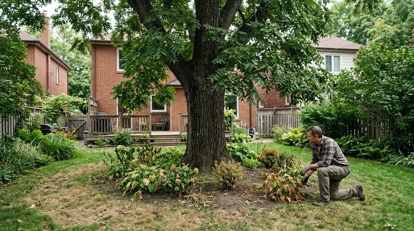 Large black walnut tree in a Toronto backyard with a ring of dead and dying plants in the soil below due to juglone toxicity