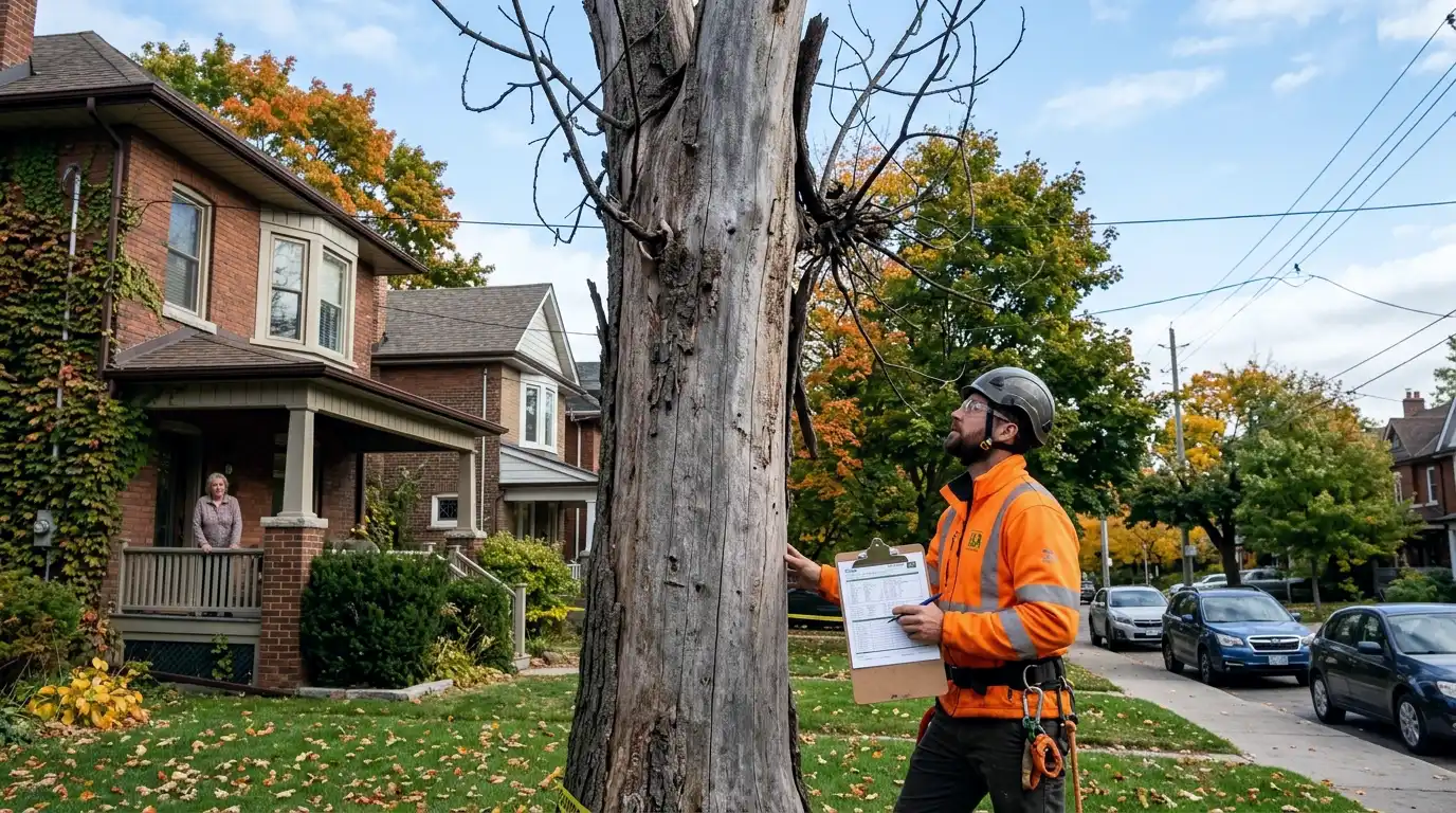 ISA certified arborist assessing a dead standing tree on a Toronto residential property for a Chapter 813 permit application
