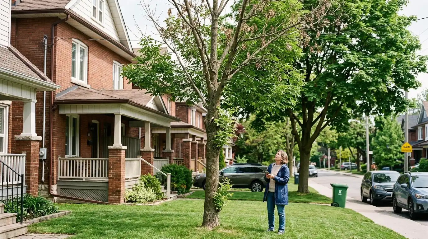 Ash tree with emerald ash borer damage showing crown dieback at a Toronto residential property