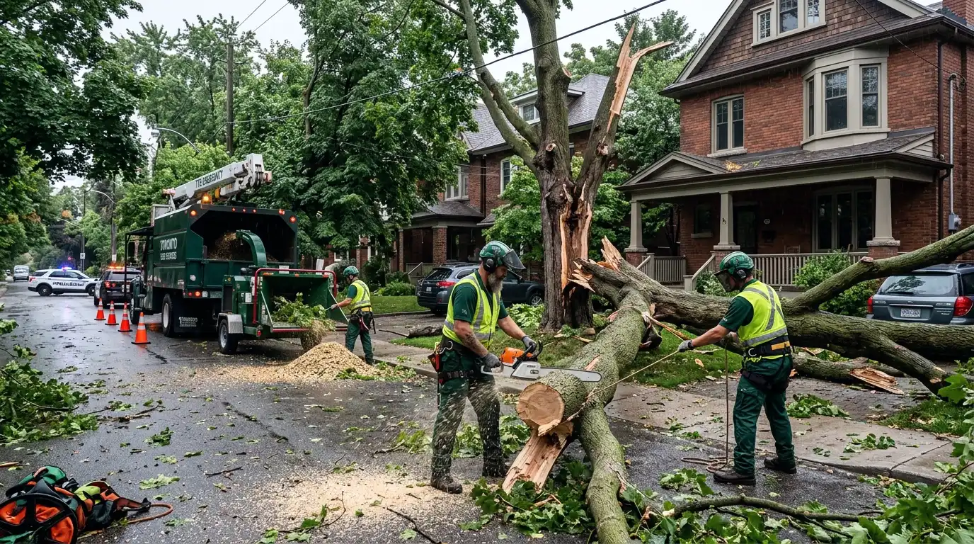 Emergency tree removal crew in green uniforms responding to a large fallen tree on a Toronto residential property