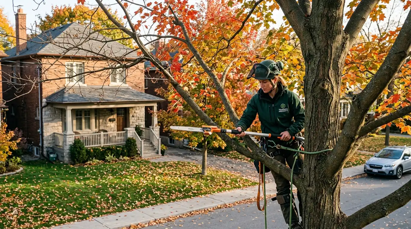 Arborist performing fall tree care pruning on a large residential tree in the GTA with autumn foliage
