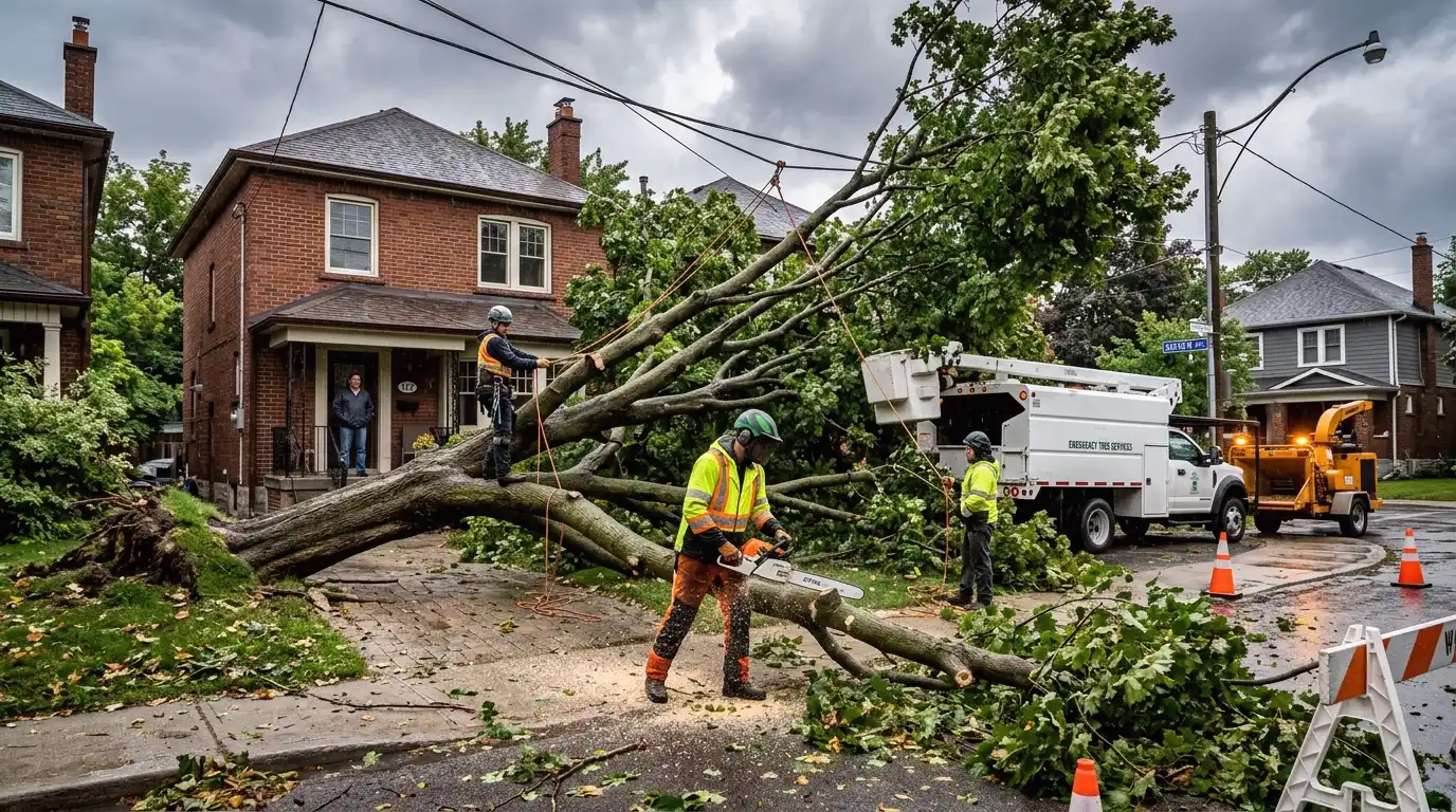 Emergency tree removal crew responding to a large storm-fallen tree blocking access at a Toronto residential property