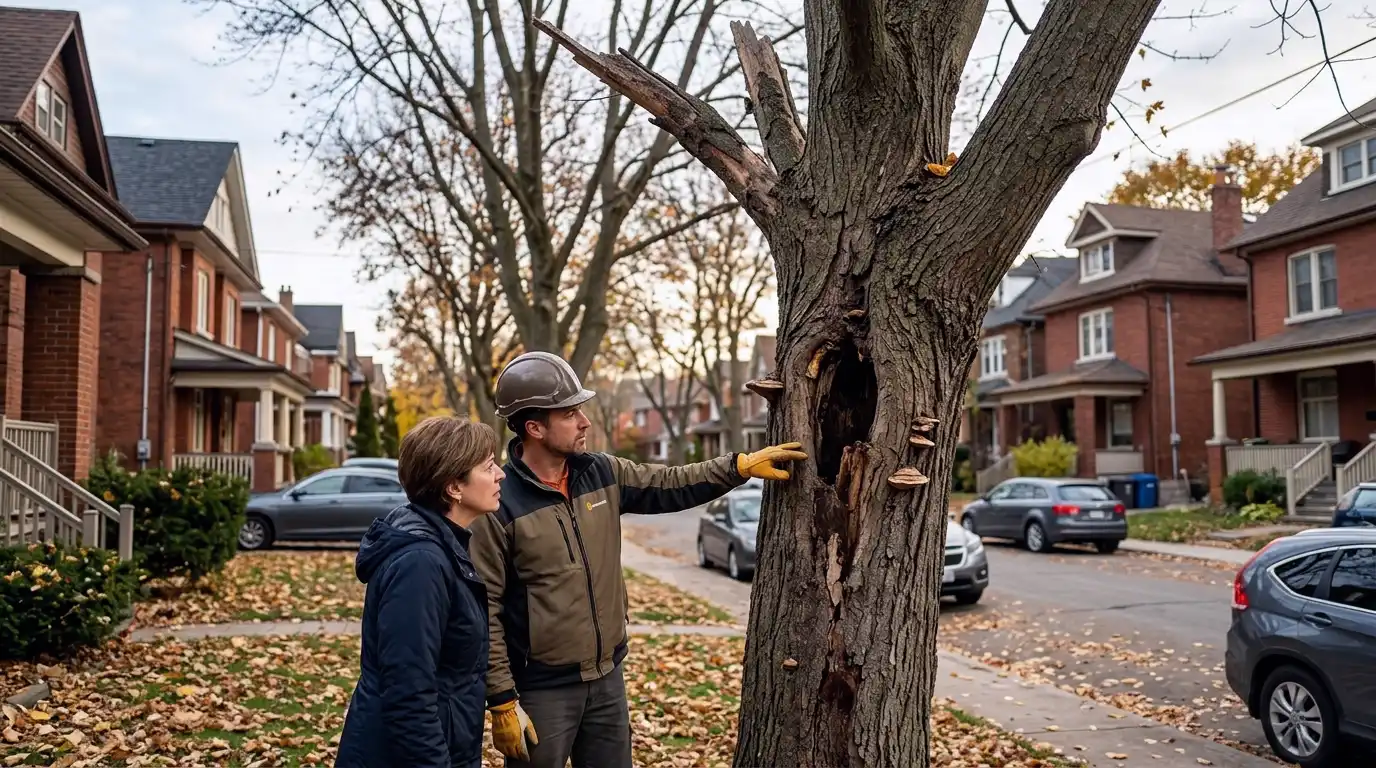 Arborist photographing decay and structural defects on a large winter-bare tree in a Toronto yard during a pre-winter hazard assessment