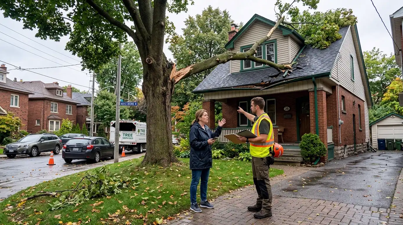 A large storm-fallen tree resting on the roof of a Toronto residential home with visible structural damage requiring insurance assessment