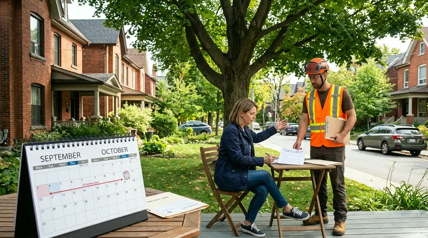 Calendar showing the Toronto tree removal permit timeline of 30 business days under Chapter 813