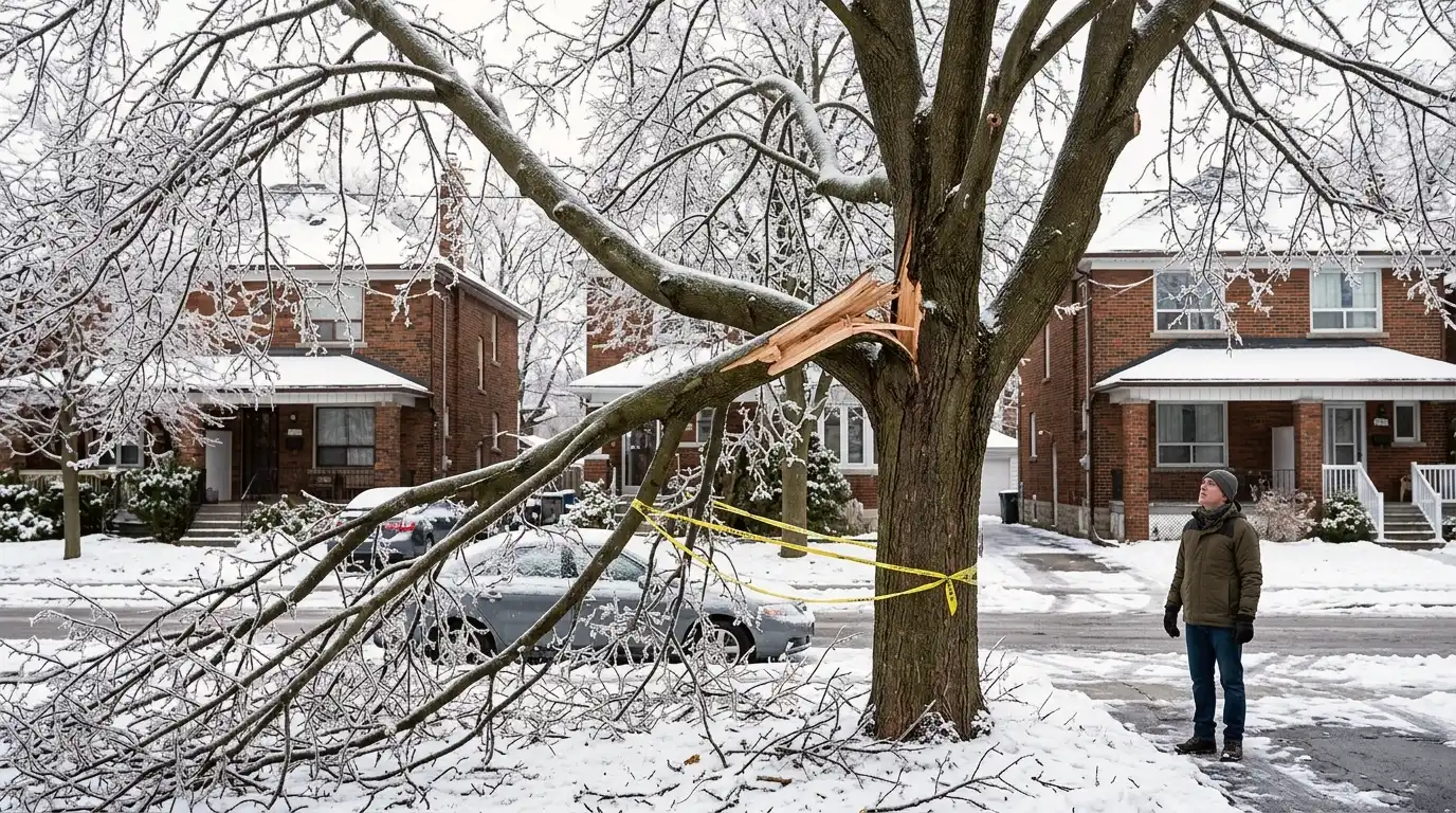 Large residential tree branches heavily coated in ice and split from their unions after a Toronto ice storm