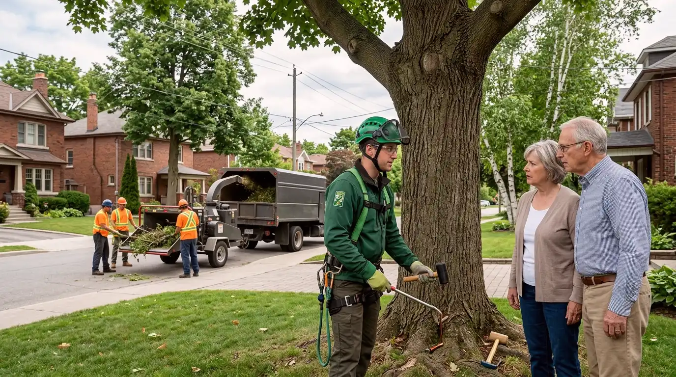 ISA certified arborist presenting their certification card and insurance certificate to a Toronto homeowner before starting work
