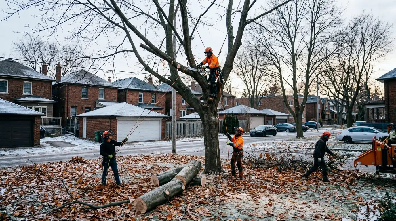 Tree removal crew removing a large bare-canopy maple in a Toronto yard in November with frozen ground and fallen leaves