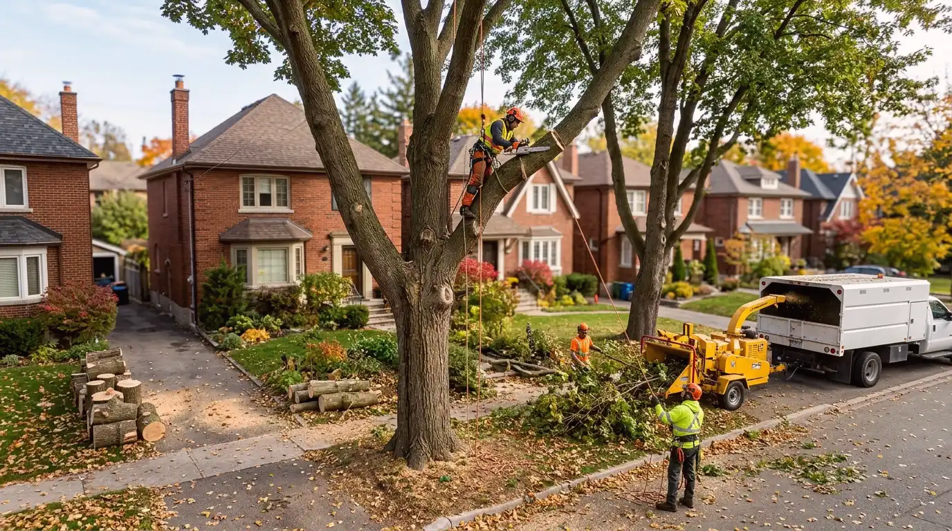 Three large stumps visible in a cleared Etobicoke Toronto backyard after multiple tree removal with chipper truck and crew in background
