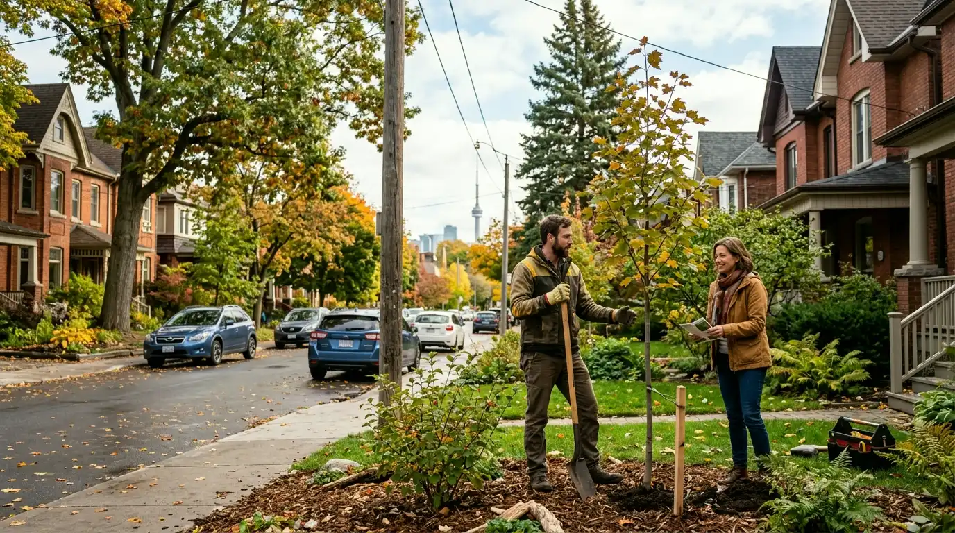 ISA arborist standing beside a magnificent mature bur oak and sugar maple in High Park Toronto as examples of ideal GTA native trees