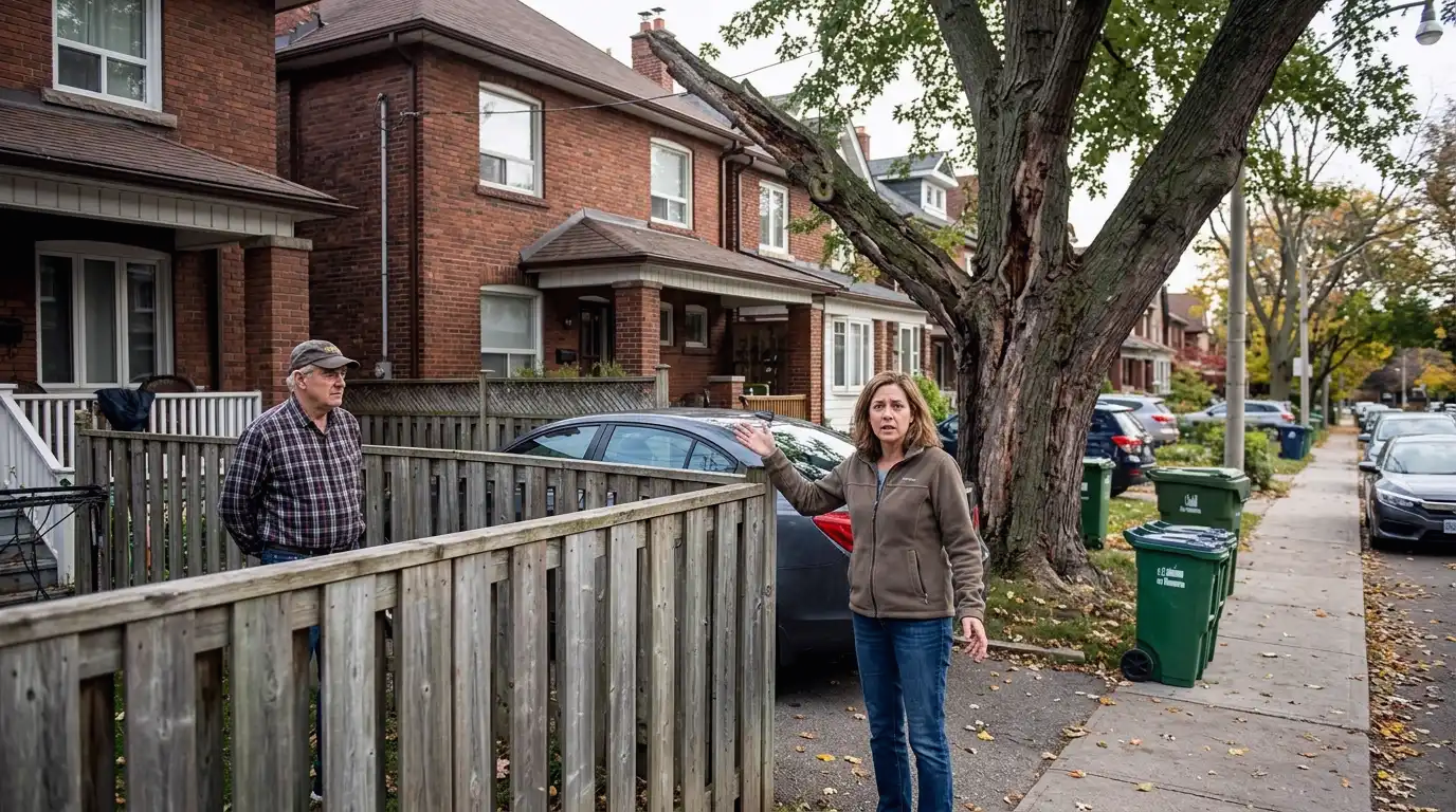 Large heavily leaning tree on a Toronto neighbour's property visibly overhanging the adjacent yard with a concerned homeowner looking up