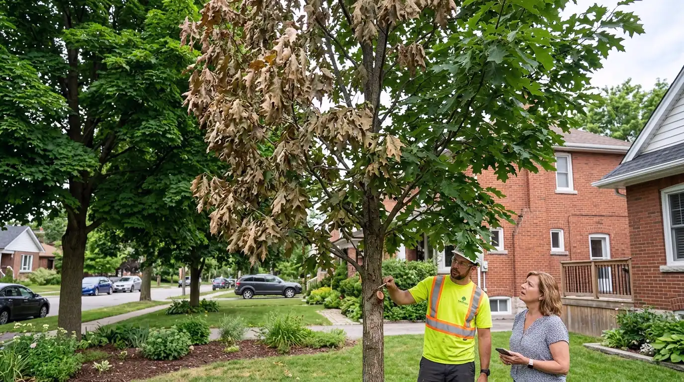 Red oak with rapid mid-summer crown browning caused by oak wilt in a Toronto residential yard