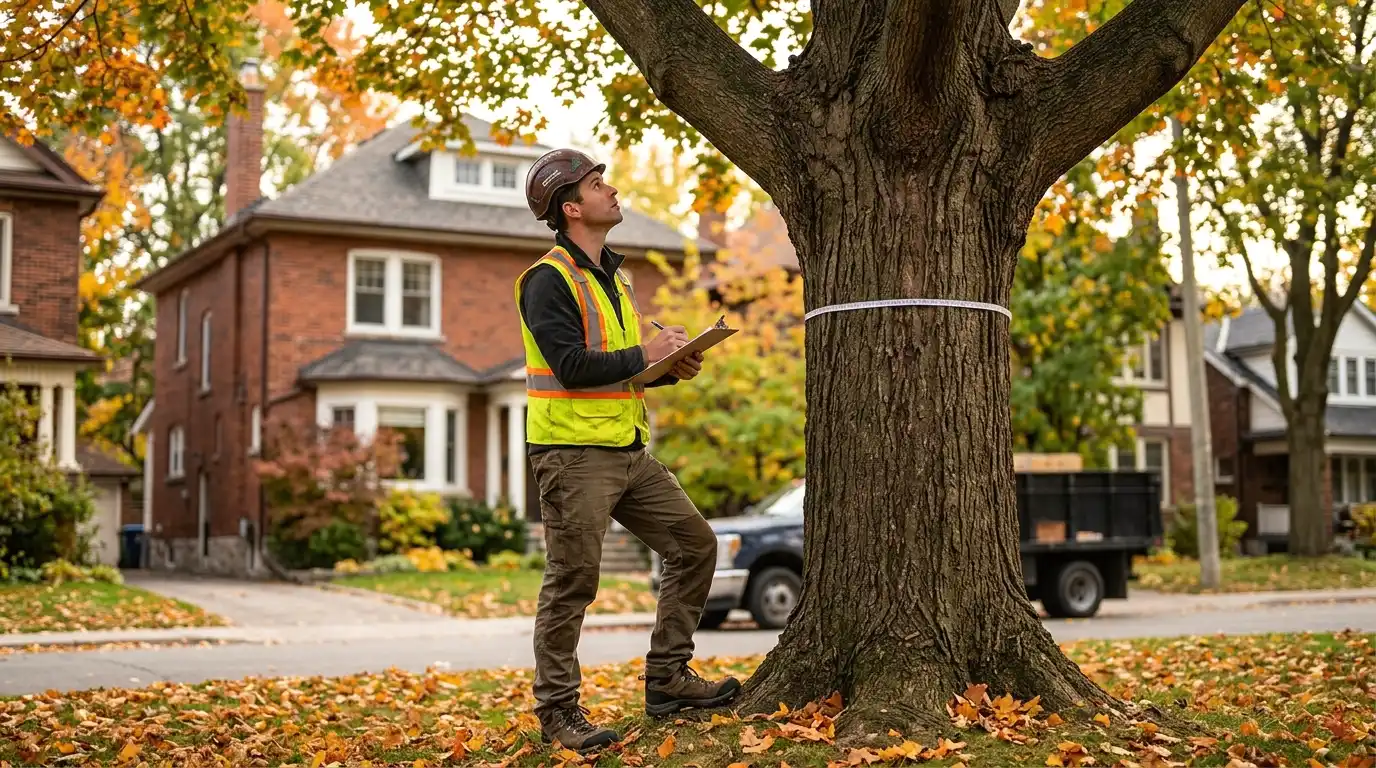 ISA certified arborist conducting a tree assessment for a formal arborist report at a Toronto Ontario residential property