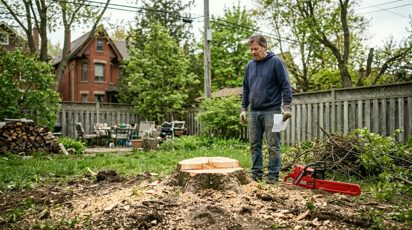 Fresh tree stump in a Toronto residential backyard after unpermitted removal, showing wood chips and disturbed soil