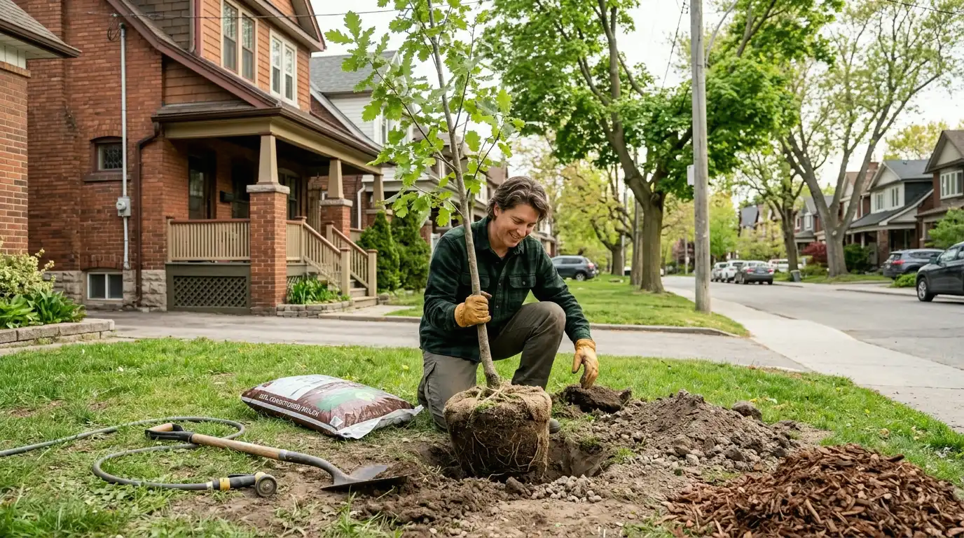 Homeowner and arborist planting a replacement red oak sapling in a Toronto yard to fulfill a Chapter 813 permit replanting condition