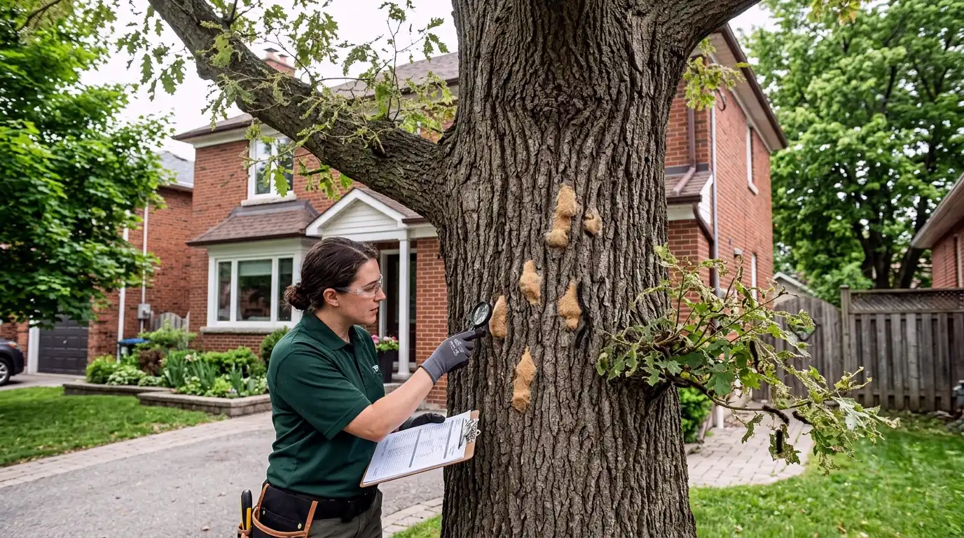 Fully defoliated oak tree with completely bare canopy in a Toronto neighbourhood due to spongy moth caterpillar feeding in mid-summer