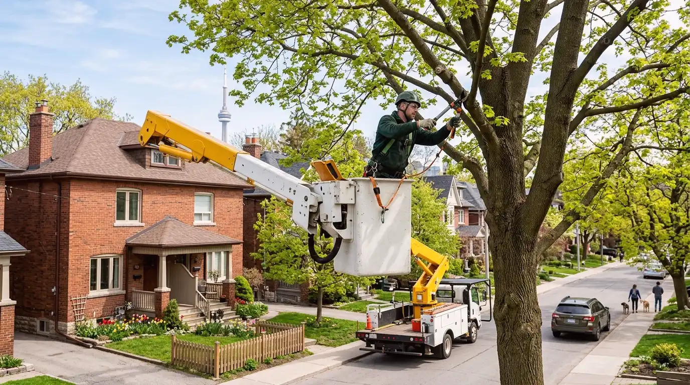 ISA certified arborist in a cherry picker bucket completing spring pruning work on a large residential tree in Toronto