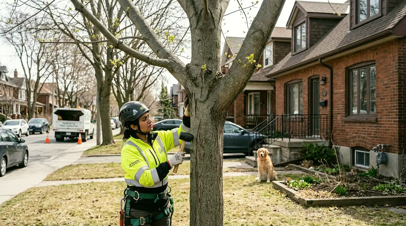 ISA certified arborist in green uniform inspecting a large deciduous tree for winter damage in a Toronto residential backyard in early spring