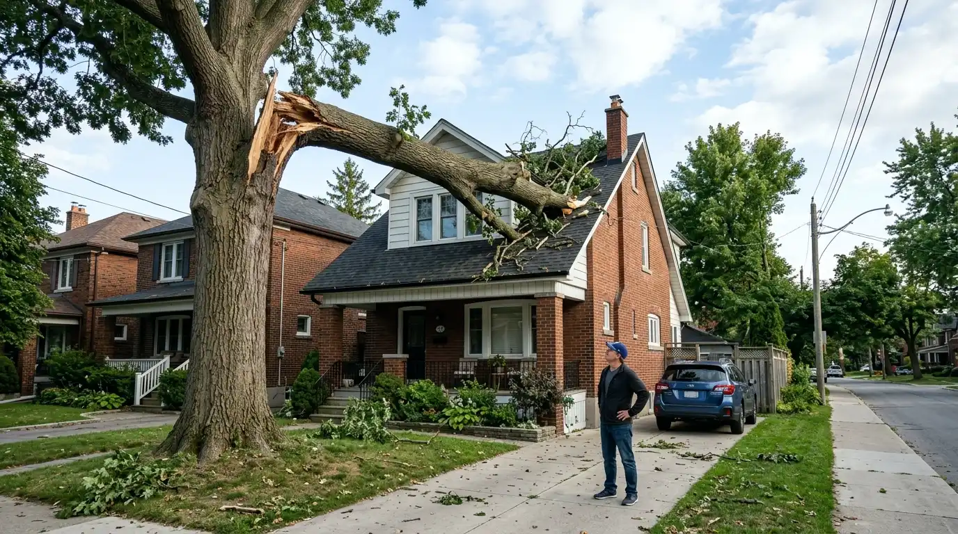 Storm-damaged Toronto tree with a large hanging failed limb suspended over the roofline of a house three days after the storm