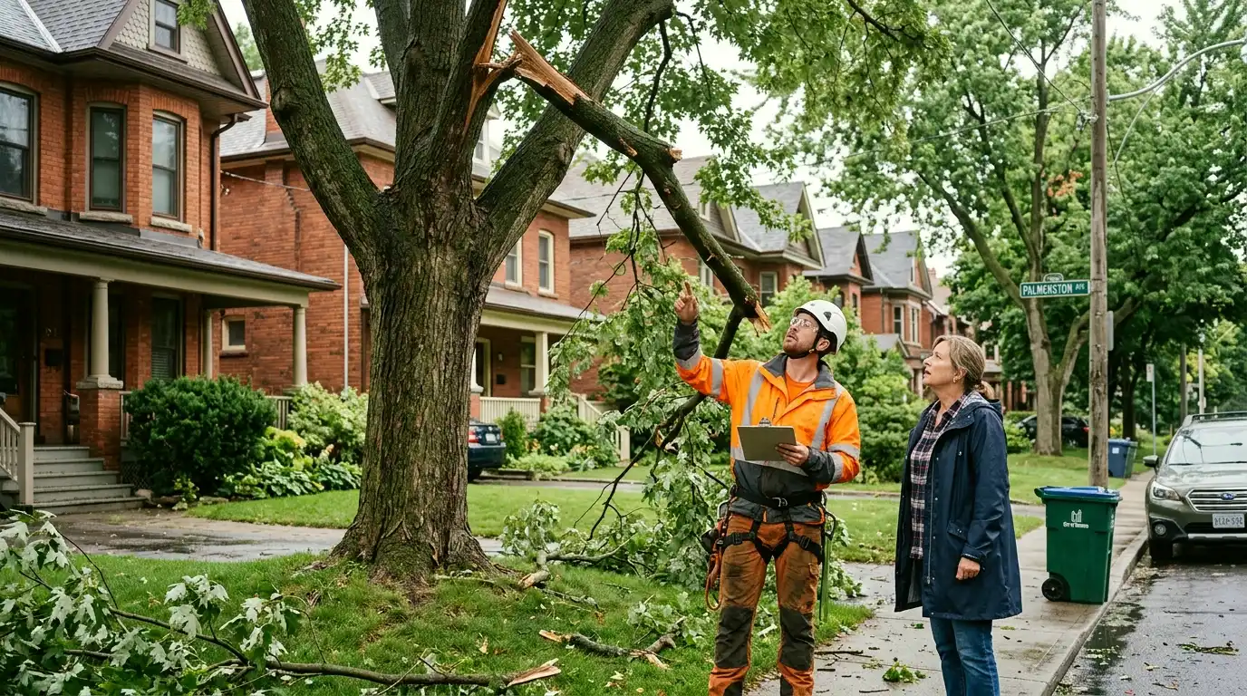 Large broken and hanging tree branches from storm damage at a Toronto residential property requiring urgent assessment