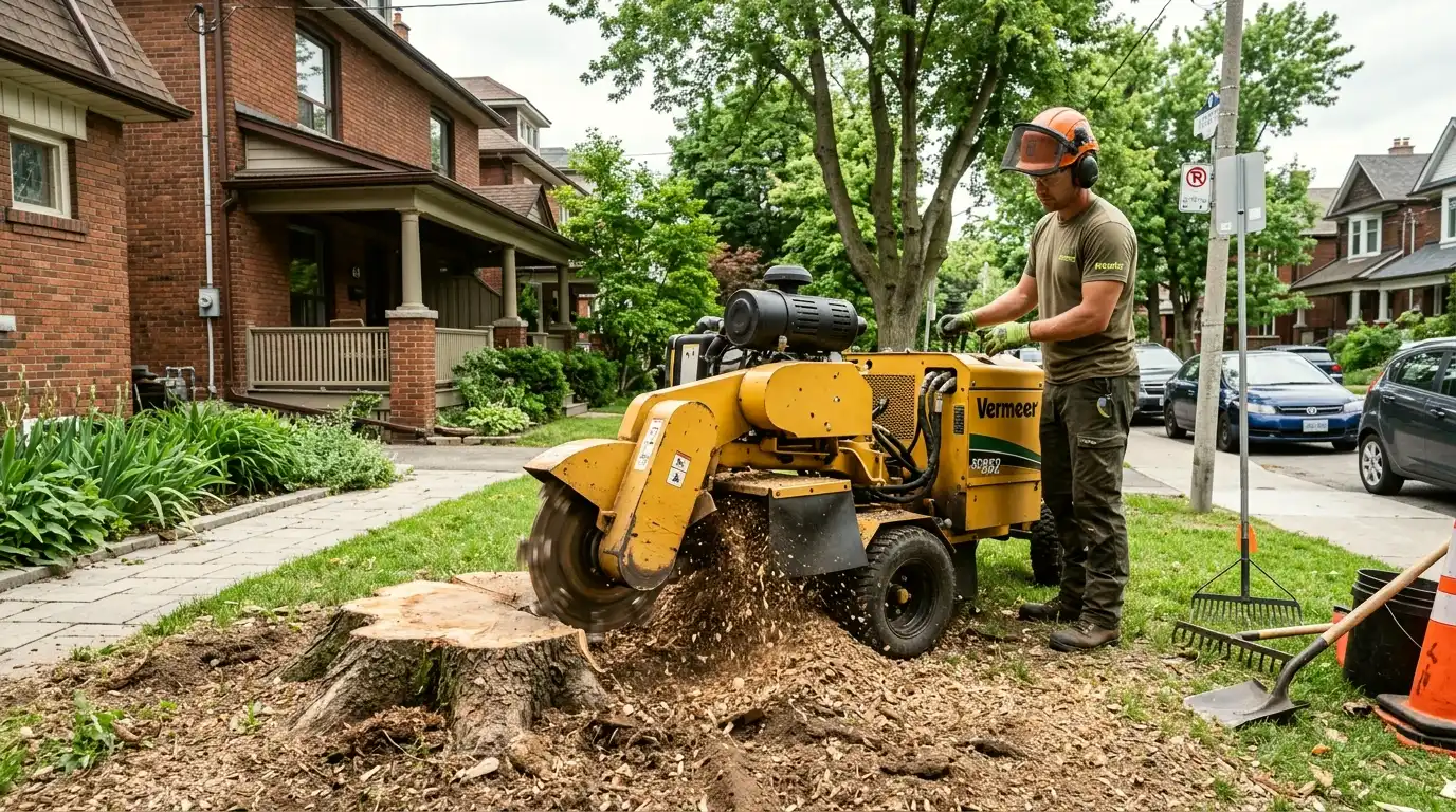 Stump grinding machine in operation grinding a large hardwood tree stump below grade at a Toronto residential property