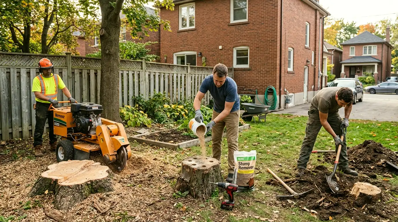 Large commercial stump grinder working on a massive oak stump in a Toronto residential backyard with wood chips flying dramatically in all directions