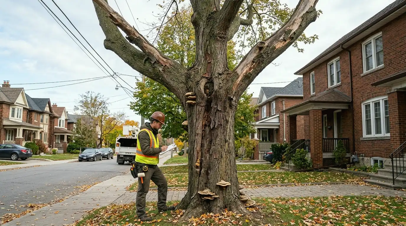 Arborist inspecting a visibly declining tree with bare branches and bark damage at a Toronto residential property for signs of death