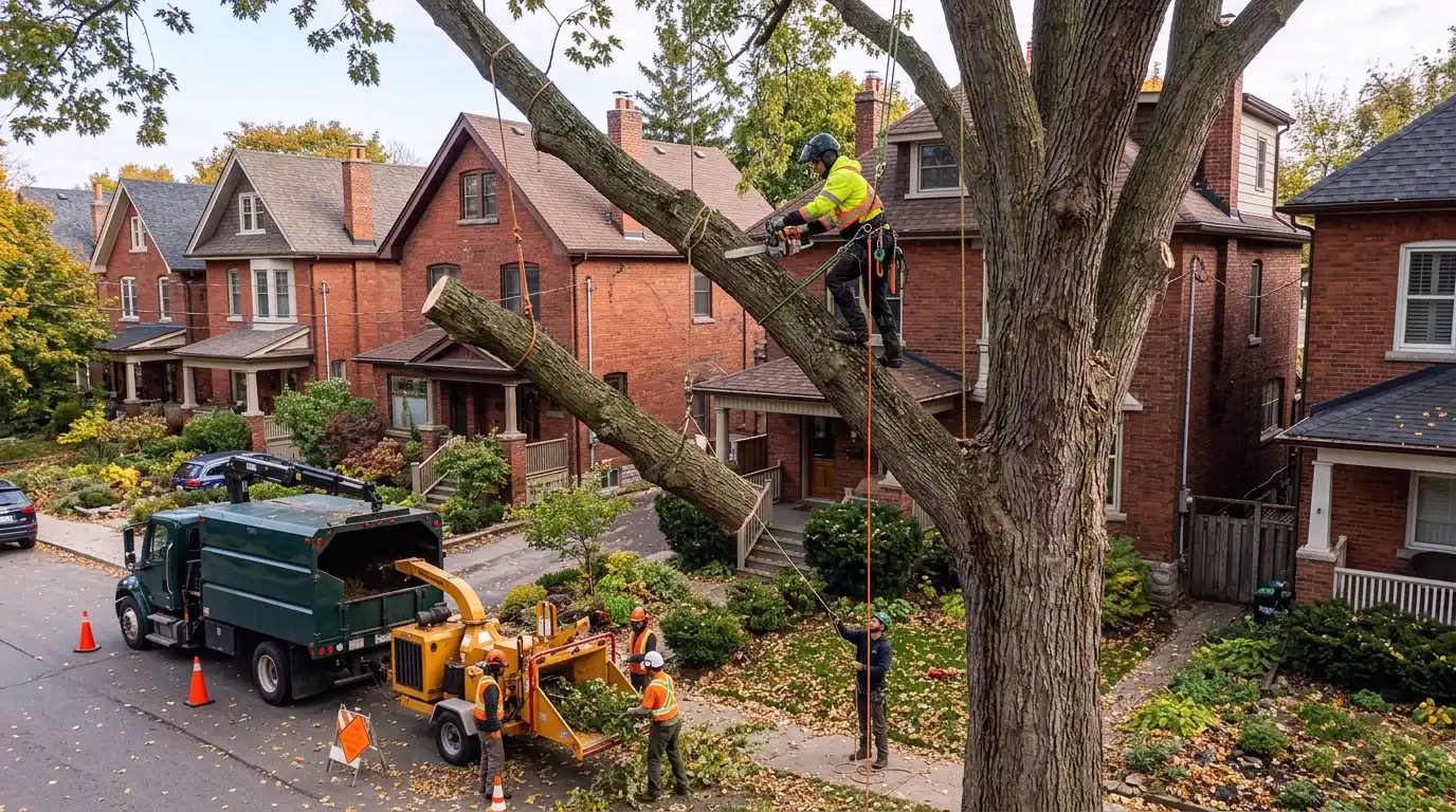 Crew removing a very large mature tree in a Toronto residential backyard, with climber sectioning the upper canopy