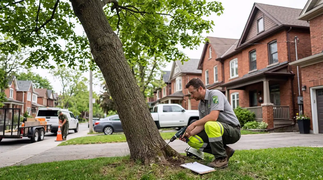 ISA certified arborist assessing a visibly leaning large tree at a residential Toronto property for removal risk