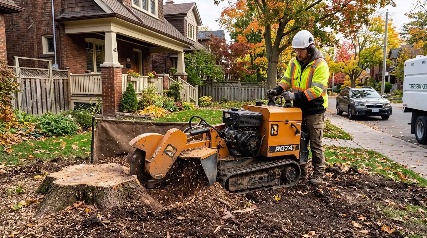 Stump grinding machine in operation on a residential Toronto property, grinding a large tree stump below grade