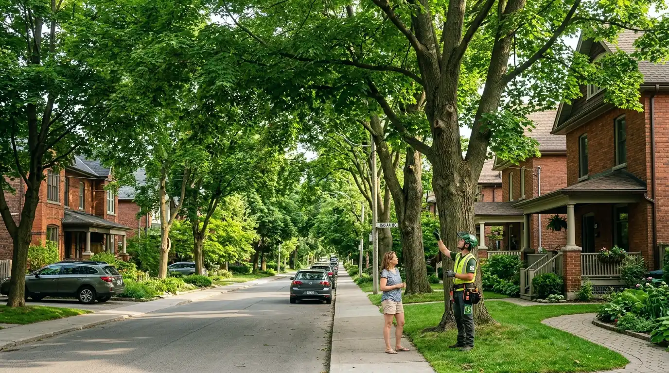 Residential street in Toronto with a mature urban tree canopy providing significant shade cover over homes and the sidewalk