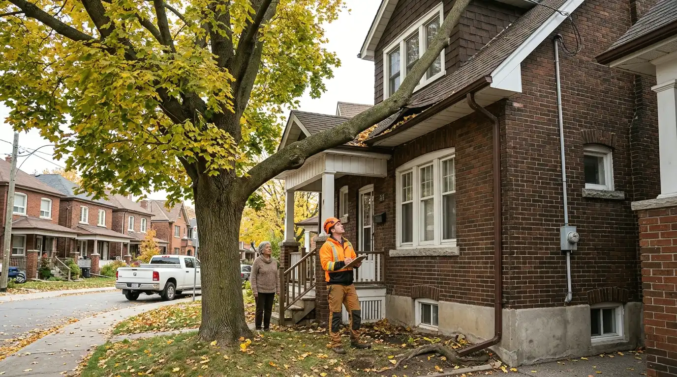 Arborist assessing large tree branches overhanging and pressing against the roofline of a brick Toronto residential home