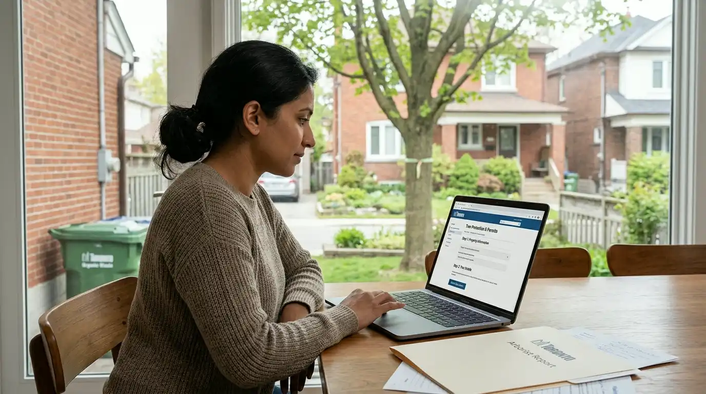 Homeowner with all Chapter 813 required documents assembled on a desk before starting a Toronto tree permit online application