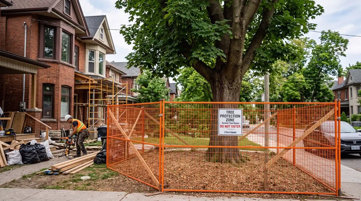 Orange tree protection zone fencing installed around mature trees at a Toronto residential renovation construction site