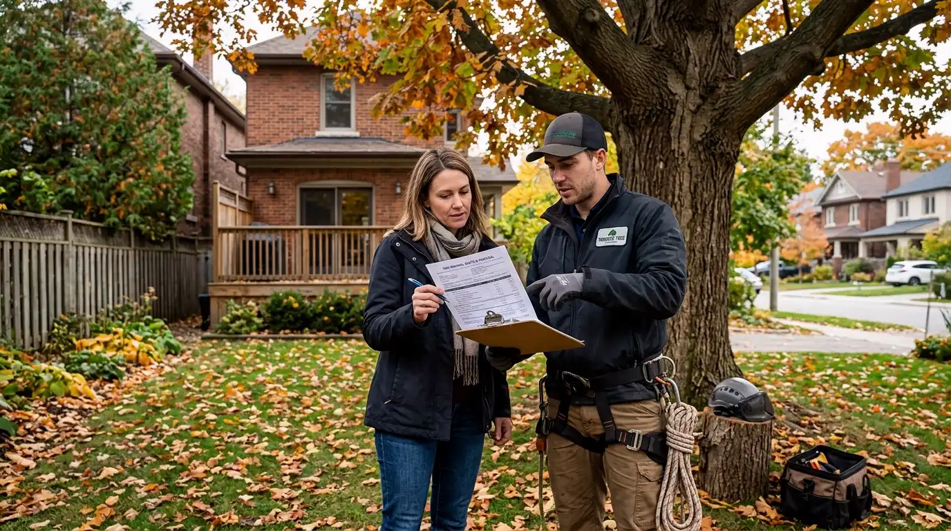Homeowner reviewing a tree removal quote document with an arborist in the backyard of a Toronto residential property