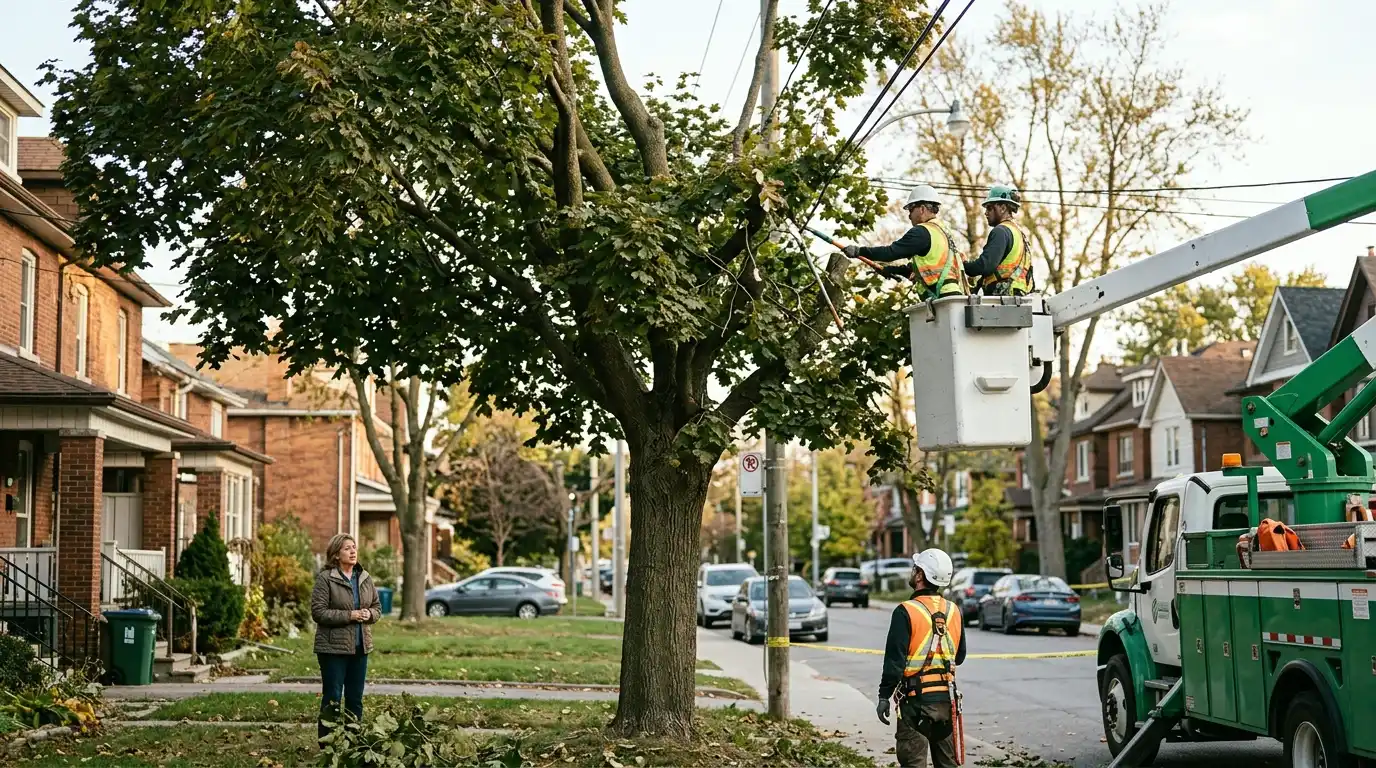 Tree removal crew in green uniforms working on a large tree growing near residential hydro distribution lines in a Toronto neighbourhood