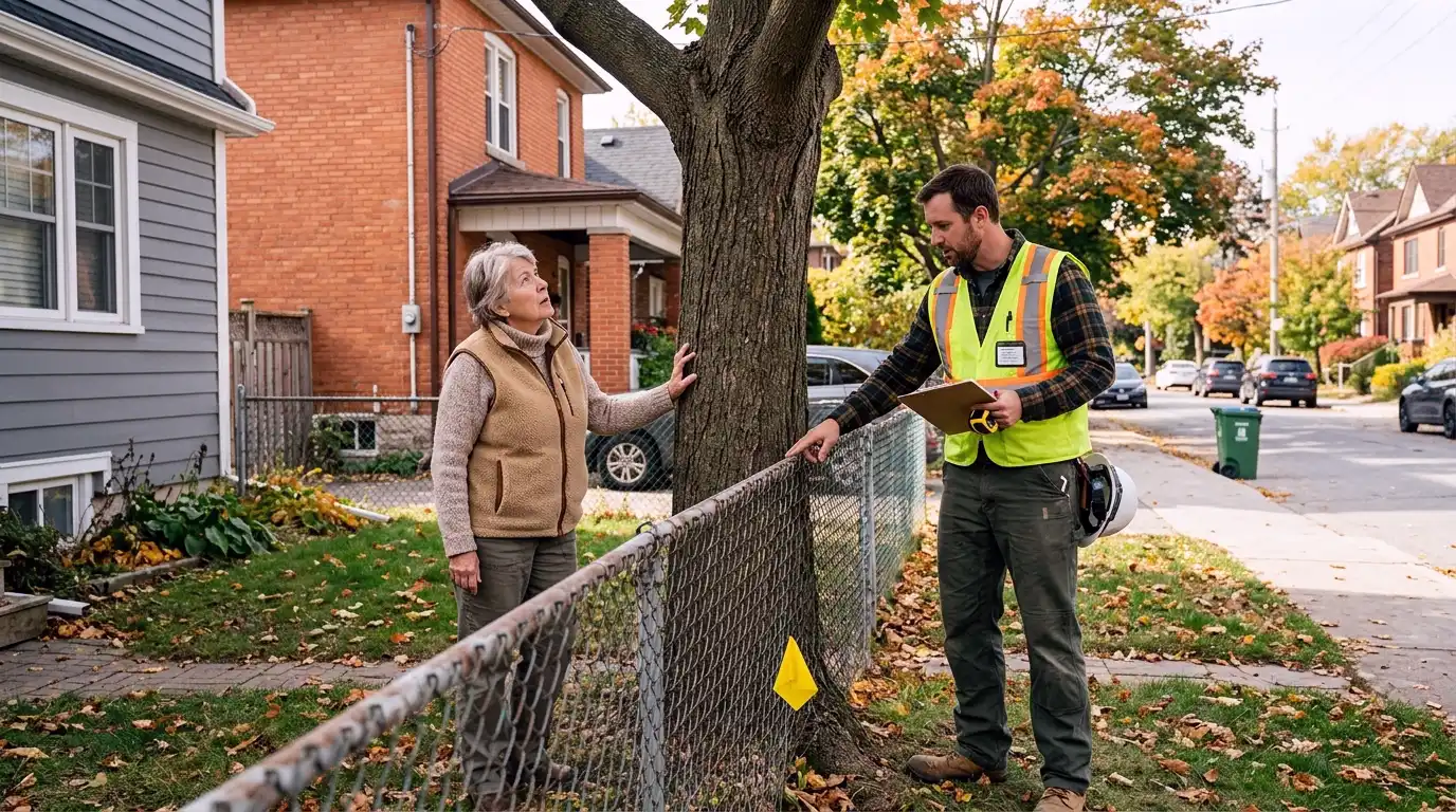 Survey stake at a Toronto property boundary with a large tree trunk straddling the property line and a measuring tape stretched across the base on both sides