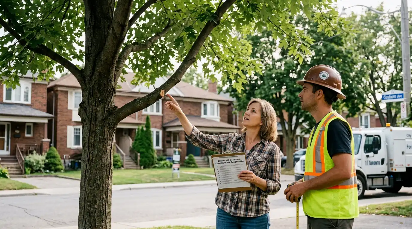 Side by side Toronto yard showing a fruit apple tree with a green exempt marker and a large protected maple with a Chapter 813 permit notice attached to a stake