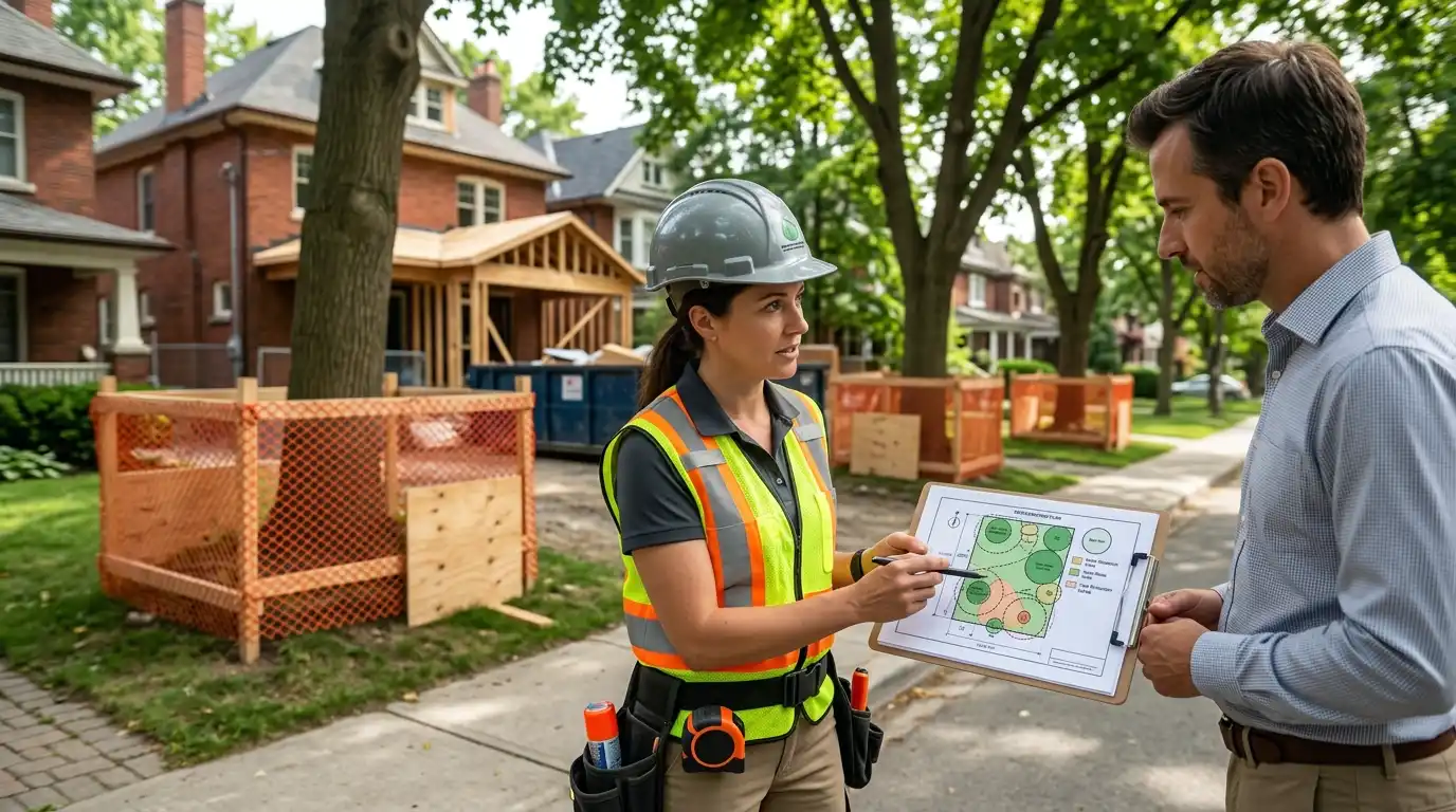 ISA certified arborist reviewing tree preservation plan drawings at a Toronto residential construction site with orange TPZ fencing protecting trees in the background