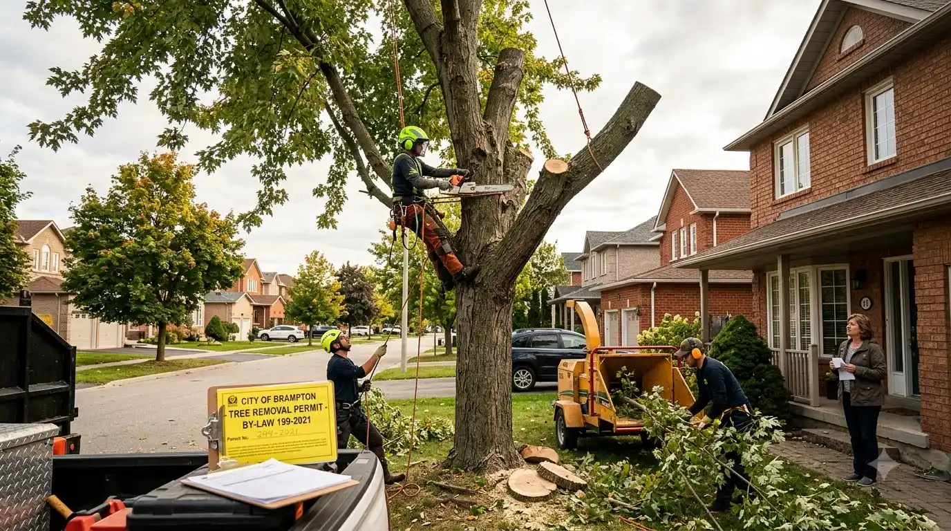 Professional tree removal crew sectioning a very large silver maple at a Brampton Heart Lake area residential property